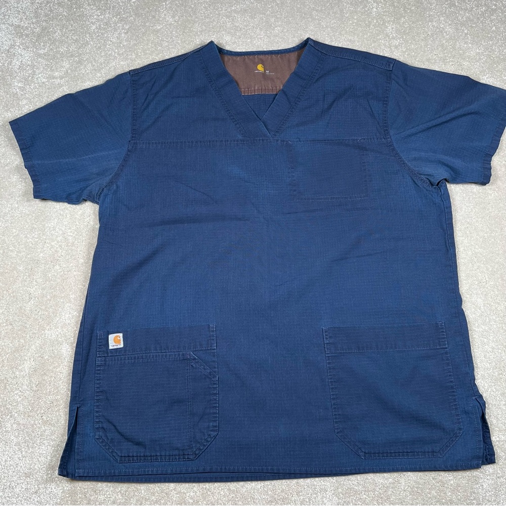 Carhartt Scrub Shirt Short Sleeves Blue Patch Pocket Front‎ V Neck Men's Medium